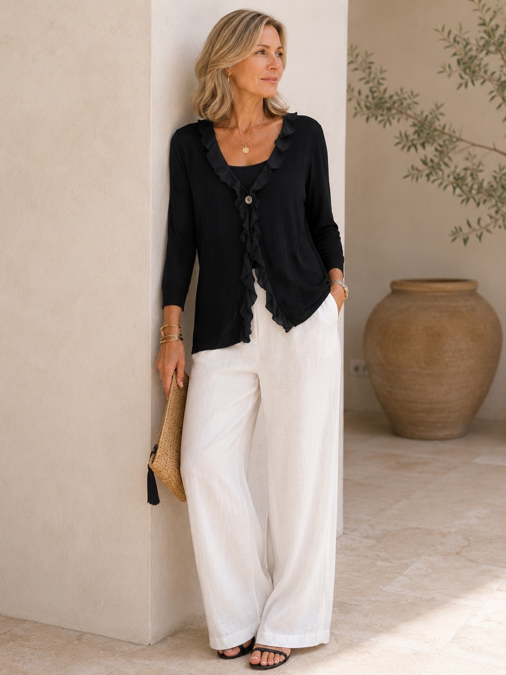 Coldwater Creek Black Acetate Liquid Knit One Button Ruffle Neck Cardigan‎ Large